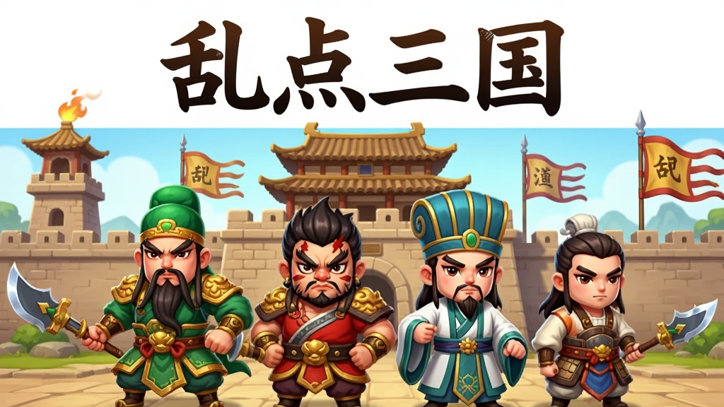 一款以三国为背景的卡牌放置类手游,画面中央是Q版三国武将形象,如关羽、张飞、诸葛亮等,站在古代城池前方,背景有烽火台和战旗,整体布局为横向宽幅构图,上方留白处写有“乱点三国”四个大字,风格为卡通渲染与国风元素结合,细节包括武将盔甲纹理、城池砖瓦、飘扬的旗帜,画质清晰明亮,色彩饱满,干净无多余元素,无杂乱装饰