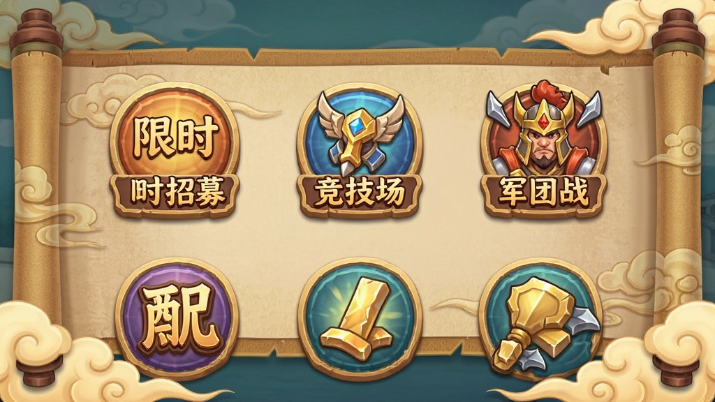 一张活动界面图,展示多个活动入口图标,如“限时招募”“竞技场”“军团战”等,背景为三国主题的卷轴和祥云,布局为竖版手机屏幕,风格为国风卡通,细节包括图标浮雕效果、卷轴纹理、云纹装饰,画质清晰,干净无多余元素
