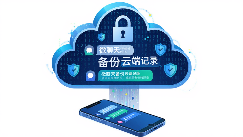 一个带有锁形图标的云朵漂浮在数字空间中,云朵内部显示加密的聊天对话框,主体为