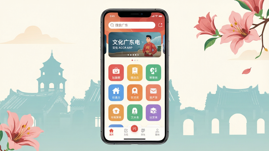 一张展示文化广东APP首页界面的手机样机图,画面中央是一部竖屏手机,手机屏幕内显示文化广东应用的主页,顶部有搜索栏和轮播图,中部有功能图标九宫格,底部有导航栏,背景是淡雅的岭南建筑剪影和木棉花元素,整体布局简洁清晰,风格为现代扁平化UI设计,细节上注重图标圆角和色彩搭配,画质高清,画面干净,无多余元素