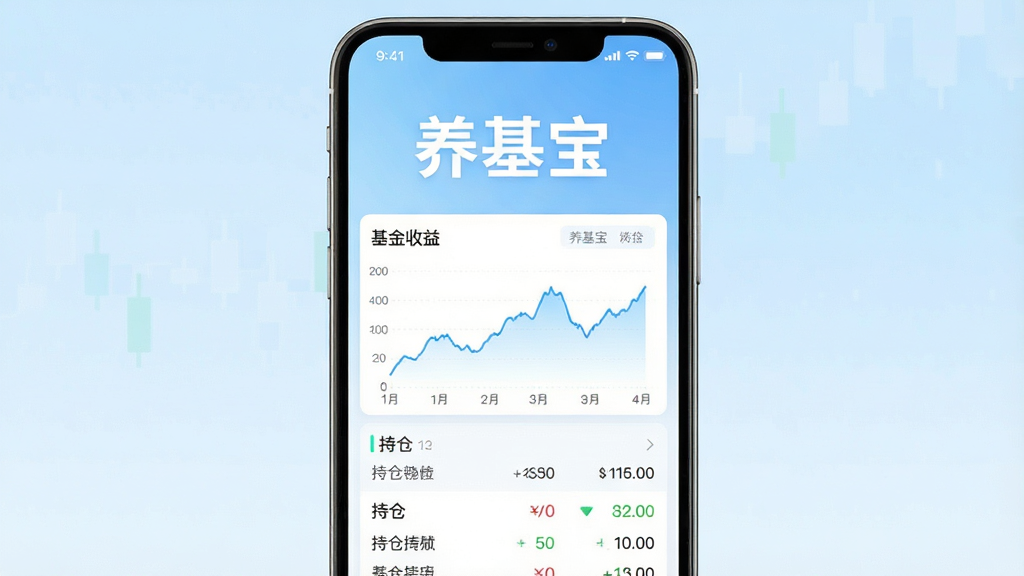 一张手机应用界面展示图,画面中央是“养基宝”应用的主页,上方有醒目的“养基宝”文字标识,下方排列基金收益曲线图和持仓列表,背景为干净的浅蓝色渐变,整体风格简洁现代,排版清晰,画质高清,无多余元素