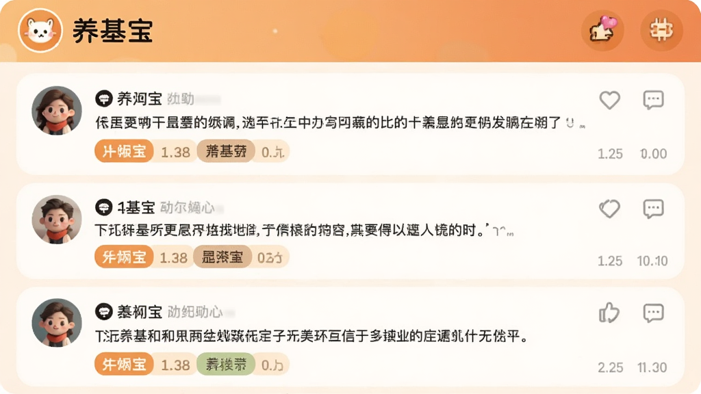 一张AI生成的画面,主体是“养基宝”社区动态页面,布局为信息流列表,每条动态包含用户头像、文字内容和基金标签,风格为温暖社交风,细节包括点赞和评论图标,画质高清,干净整洁