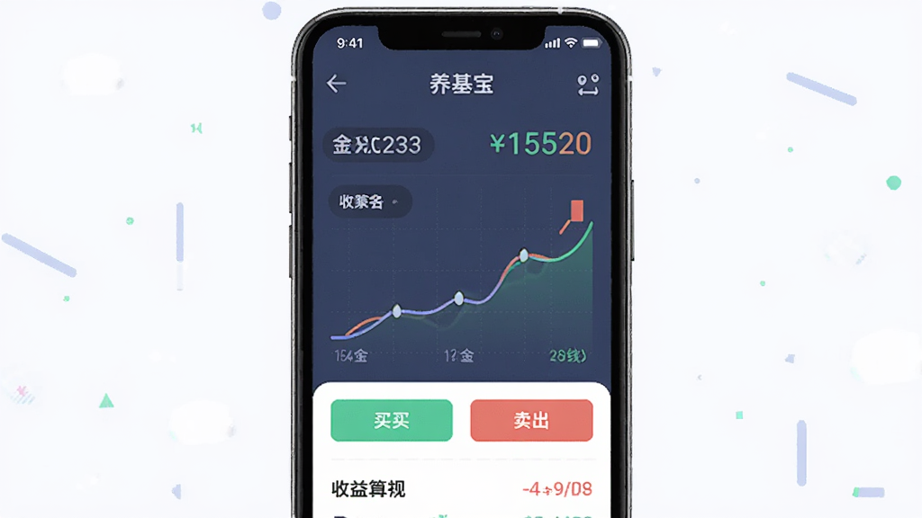 一张AI生成的画面,主体是一部智能手机,屏幕上显示“养基宝”模拟交易界面,有买入卖出按钮和收益曲线,布局为居中展示,风格为扁平化科技风,细节包括虚拟资金数字和基金名称,画质清晰干净,无多余元素