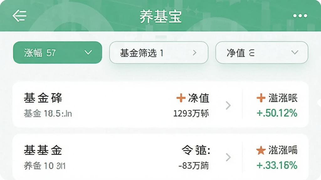 一张AI生成的画面,主体是“养基宝”应用的基金筛选页面,布局为上下结构,上方是筛选条件按钮,下方是基金列表,风格为清爽浅色系,细节包括基金名称、净值、涨幅百分比,画质高清,干净无多余元素