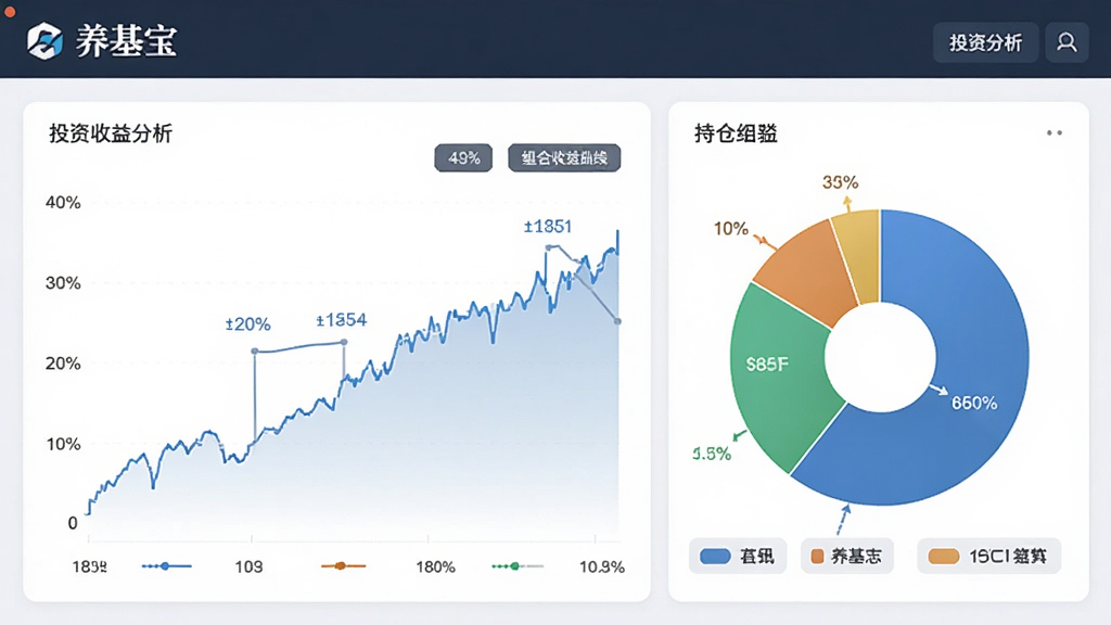 一张AI生成的画面,主体是“养基宝”投资组合分析界面,布局为仪表盘样式,左侧是组合收益曲线,右侧是持仓饼图,风格为简约商务风,细节包括百分比数字和基金名称,画质清晰,无多余元素