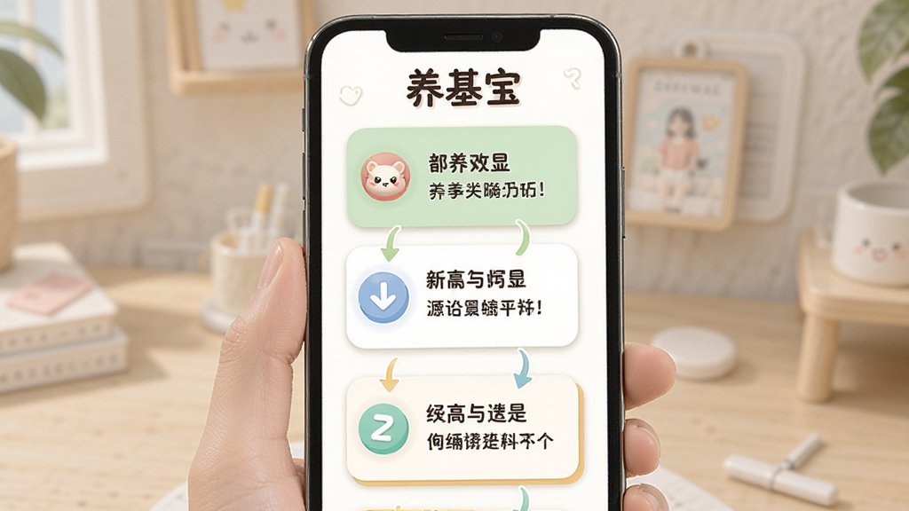 一张AI生成的画面,主体是手机屏幕显示“养基宝”新手引导页面,布局为分步提示卡片,风格为友好活泼风,细节包括箭头指示和文字说明,画质清晰,干净无多余元素