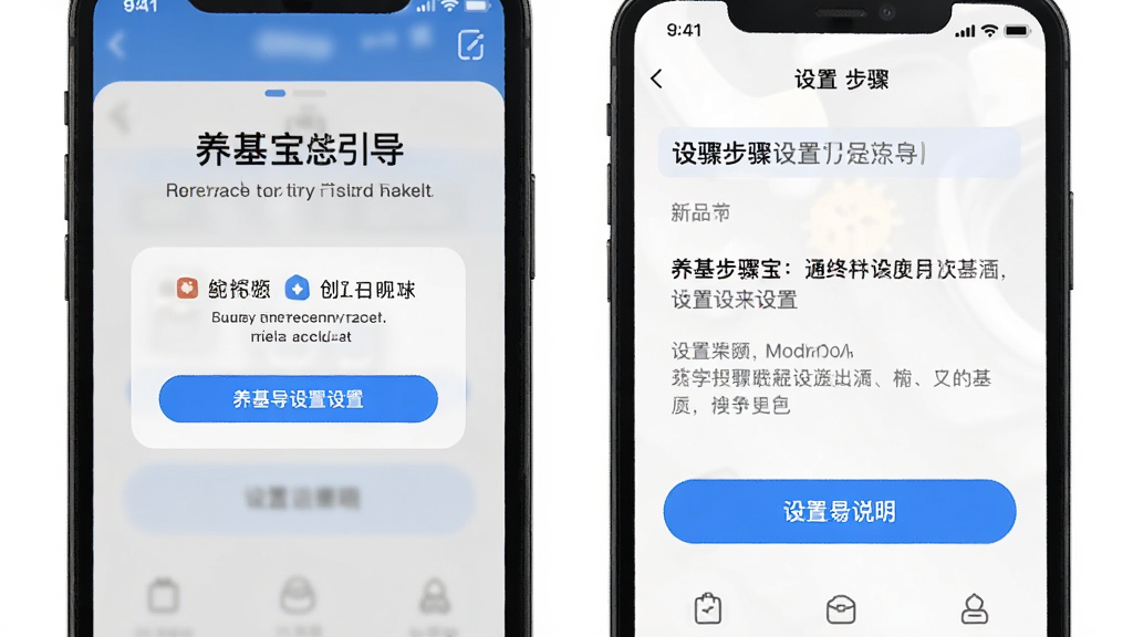养基宝新手设置引导页面,手机屏幕显示权限请求弹窗与设置步骤说明,界面友好清晰,蓝色按钮醒目,背景简洁,高清画质
