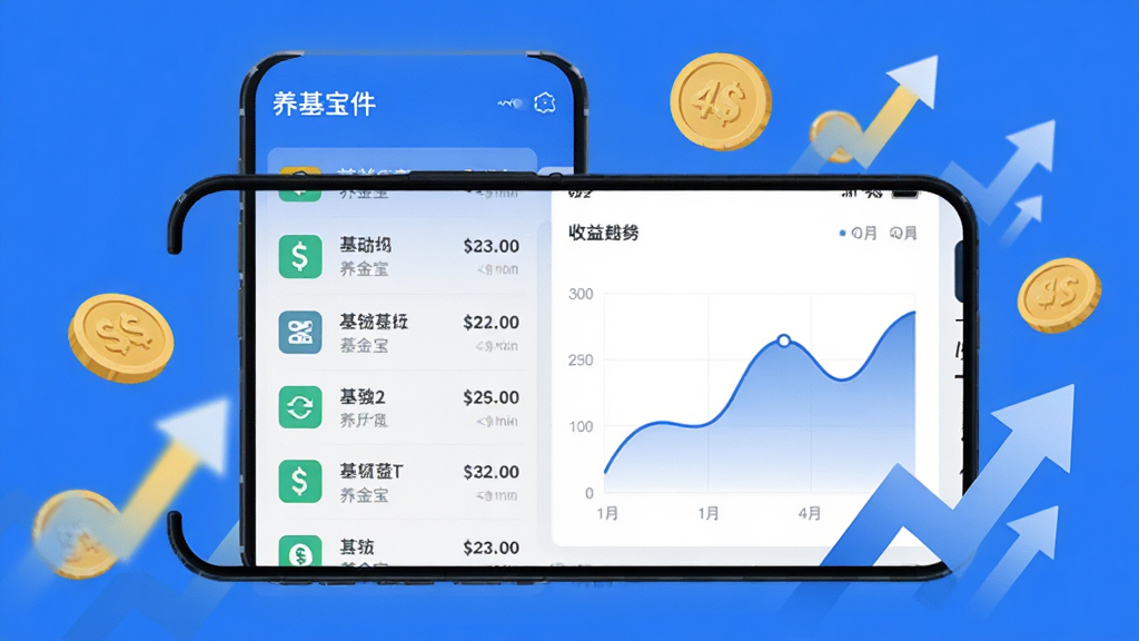 养基宝软件主界面展示,手机屏幕中呈现基金列表与收益曲线图,界面清爽简洁,蓝色主色调,周围环绕金币与增长箭头元素,扁平化设计风格,干净无多余元素,高清画质