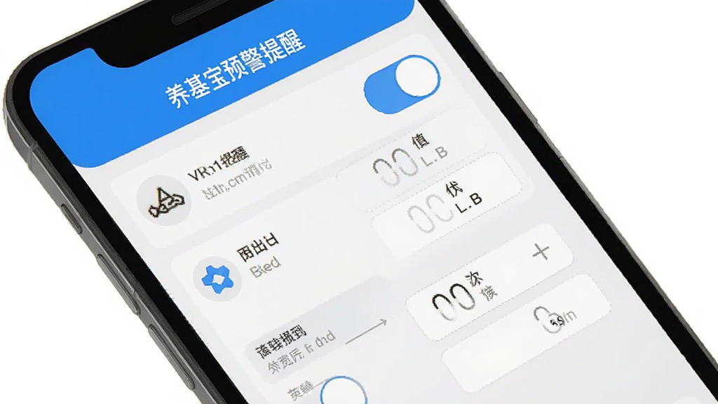 养基宝预警提醒设置界面,手机屏幕中显示多个提醒条件开关与阈值输入框,界面布局整齐,浅灰色背景,蓝色强调色,扁平化设计,高清干净