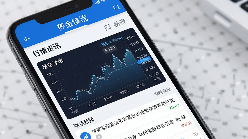 养基宝行情资讯页面,手机屏幕中展示基金净值走势图与财经新闻列表,数据图表与文字资讯混合排版,蓝色与白色为主色调,信息层级清晰,高清画质,无杂乱元素