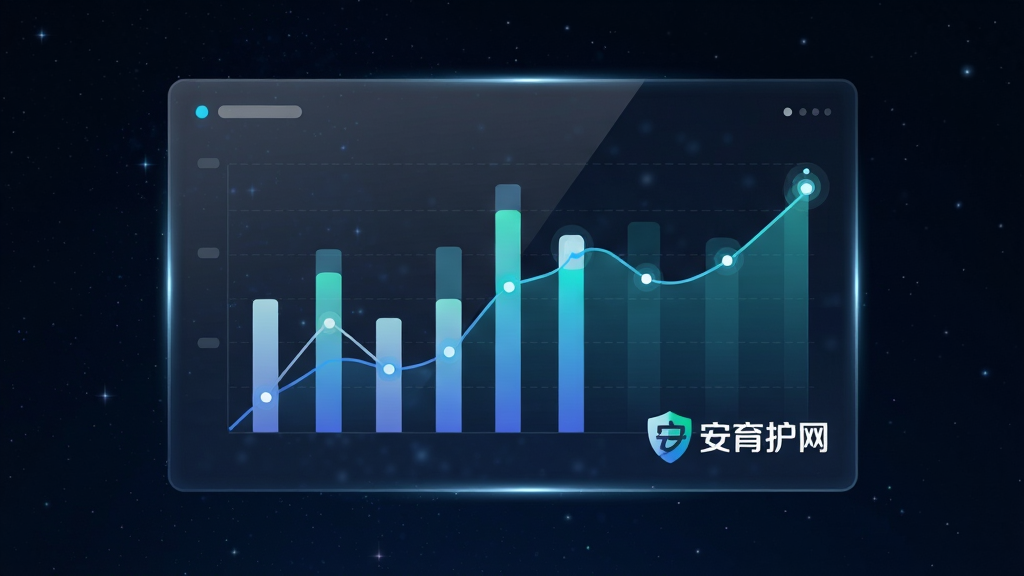 画面主体是一块悬浮的透明数据面板,面板上显示柱状图与折线图,图表旁有安育护网的标志;布局为面板居中,背景是深色星空;排版上图表占据面板上半部分,标志位于右下角;风格为未来科技感UI风格,色彩以深空蓝、青色、白色为主;细节包括图表的渐变填充、面板的玻璃反光效果、数据点的微光;画质为高清,画面干净,无杂乱信息。