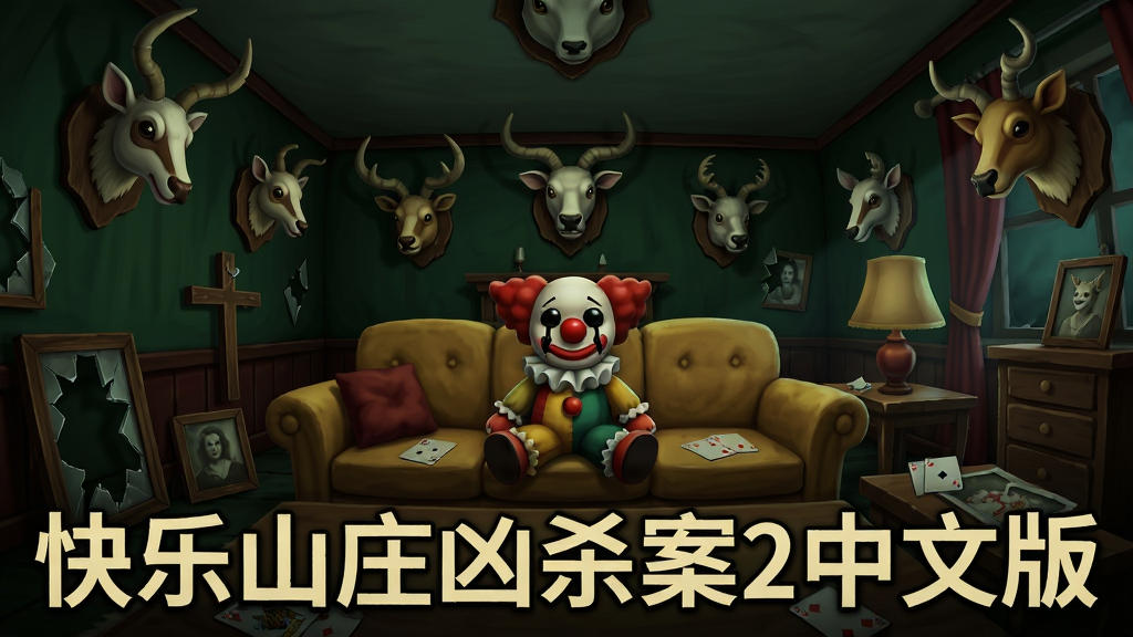 一幅展示游戏核心特色的宣传图,画面主体是快乐山庄凶杀案2中文版中的标志性场景一间摆满动物头颅标本的昏暗客厅,沙发上坐着一个眼睛流着黑色泪水的小丑玩偶。布局采用广角透视,突出空间的诡异纵深感。风格为暗黑童话风格,色彩以墨绿、暗红、土黄为主。细节包括破碎的相框、倒置的十字架、散落的扑克牌。画质清晰,干净,无多余元素。画面中打文字“快乐山庄凶杀案2中文版”。