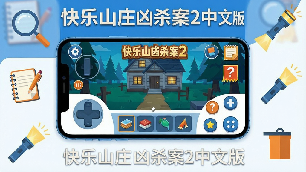 一幅展示手机游戏操作界面的示意图,画面主体是一部横向放置的智能手机,屏幕上显示快乐山庄凶杀案2中文版的游戏画面。布局为手机居中,周围环绕着放大镜、笔记、手电筒等解谜元素图标。风格为扁平化科技风,色彩以蓝色、白色、橙色为主。细节包括屏幕上的虚拟摇杆、物品栏按钮、线索提示图标。画质清晰,干净,无多余元素。画面中打文字“快乐山庄凶杀案2中文版”。