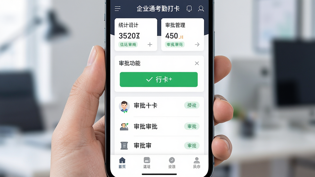 企业通考勤打卡与审批管理界面,主体为手机屏幕显示打卡按钮与审批列表,布局为顶部统计卡片加中部功能入口加底部导航栏,排版规整,风格商务高效,细节包含绿色打卡按钮与审批状态标签,画质高清干净,无多余元素