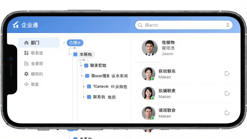 企业通企业通讯录界面,主体为手机屏幕显示组织架构树状图与联系人列表,布局为左侧部门导航加右侧人员详情,排版层次分明,风格清新简洁,细节包含头像图标与搜索框,画质清晰干净,无多余元素
