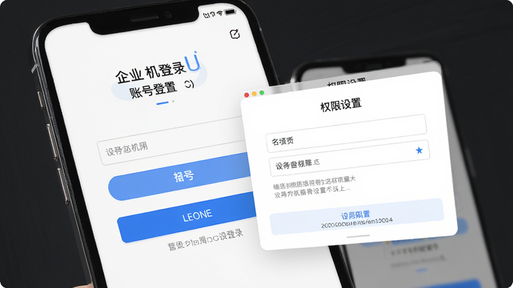 企业通手机端登录与设置界面,主体为手机屏幕显示账号登录页与权限设置弹窗,布局为居中表单加底部按钮,排版简洁,风格现代商务,细节包含蓝色登录按钮与灰色提示文字,画质高清干净,无多余元素