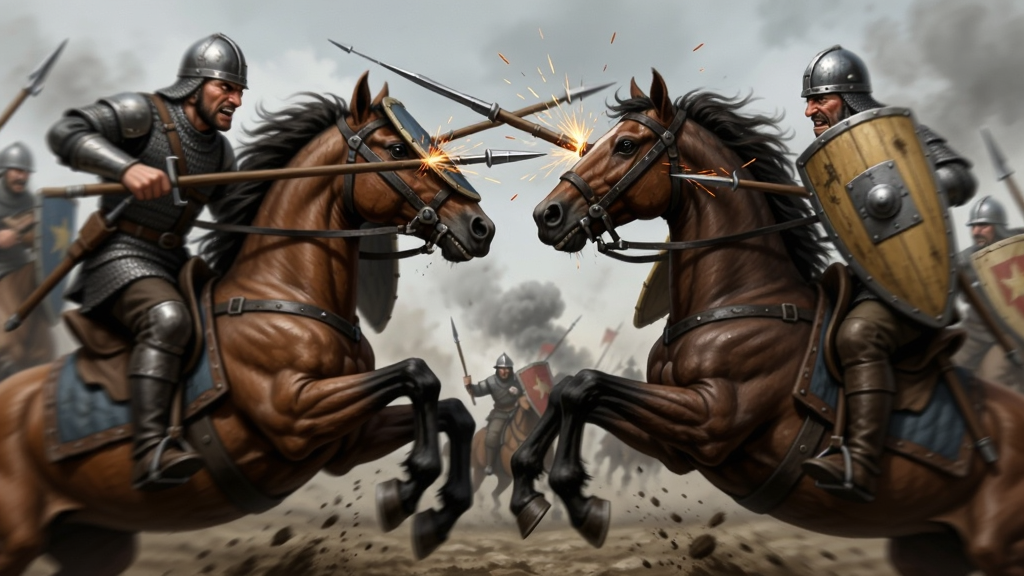 骑兵冲突战斗特写,画面中两支骑兵部队正在高速对冲,长矛与盾牌碰撞出火花,马匹前蹄扬起,士兵表情坚毅,背景有模糊的战场硝烟和飞溅的泥土,画面采用动态模糊效果增强速度感,风格为写实中世纪战争插画,画质精细,构图紧凑,干净无多余元素