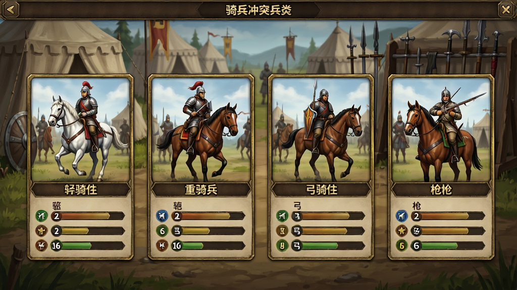 骑兵冲突兵种选择界面,画面中展示四个骑兵兵种卡片,分别是轻骑兵、重骑兵、弓骑兵和枪骑兵,每张卡片上有兵种立绘和属性条,背景是军营帐篷与武器架,风格为游戏UI界面设计,色调以棕色和金色为主,排版整齐,画质清晰,干净无多余元素