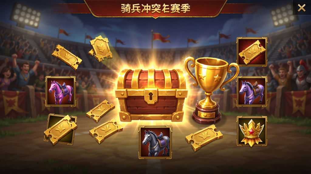 骑兵冲突赛季结算界面,画面中央是一个发光的宝箱和奖杯,周围环绕着金券、坐骑皮肤和称号图标,背景是竞技场看台和欢呼的人群,风格为游戏奖励展示界面,色调以金色和红色为主,排版对称,画质清晰,干净无多余元素