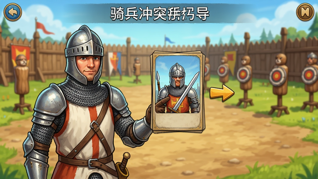 骑兵冲突新手引导界面,画面中一位中世纪骑士正在向玩家展示兵种卡片和操作箭头,背景是训练场和木桩靶子,风格为游戏教学界面,色调明亮,排版清晰,画质干净,无多余元素