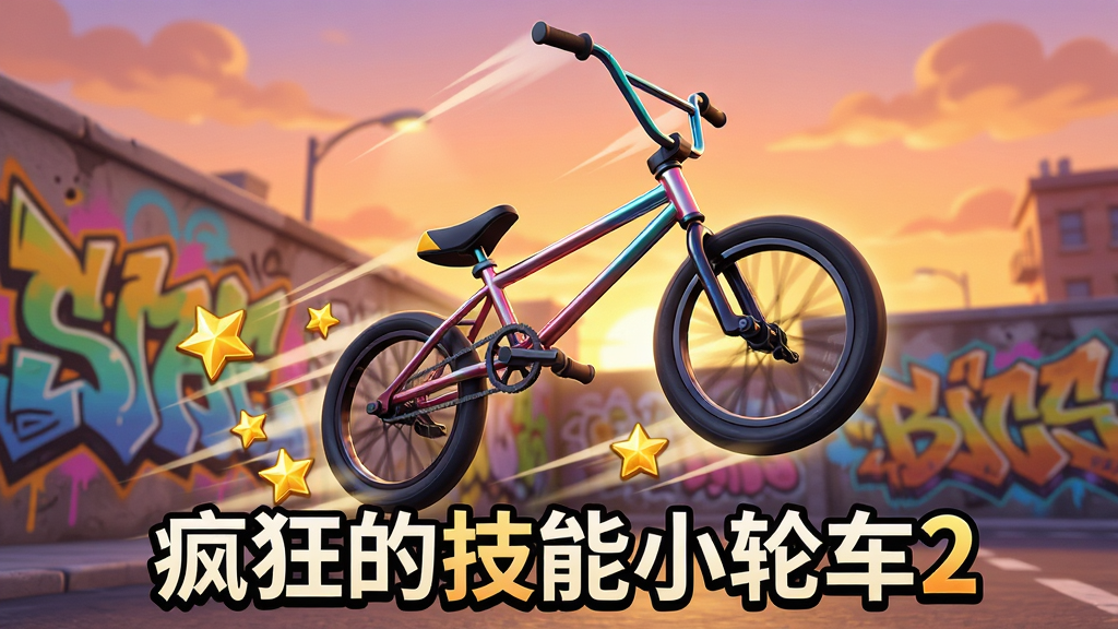 画面中央是一辆炫酷的BMX小轮车腾空而起,背景是城市街头涂鸦墙与夕阳天空,车身周围有动态速度线和金色星星特效,画面下方有游戏名称