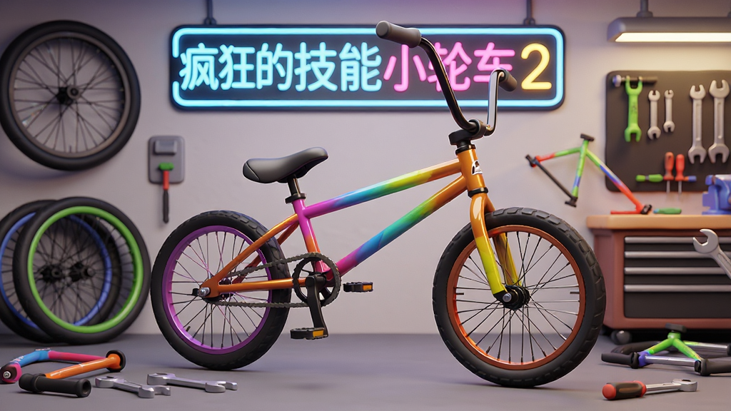 一辆经过个性化涂装的BMX小轮车停在改装车间内,周围摆放着各种车轮、车架和工具,墙上有