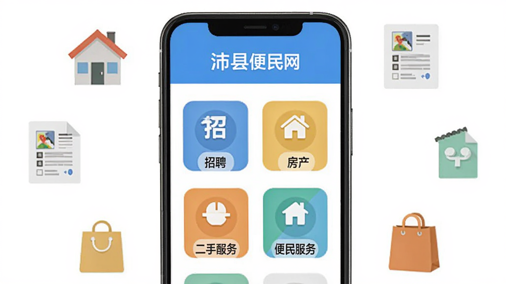 主体为一部智能手机,屏幕中显示沛县便民网软件首页界面,界面包含招聘、房产、二手、便民服务等分类图标,布局清晰,排版整齐,风格为现代简约扁平化设计,细节上手机周围环绕着房屋、简历、购物袋等小图标,画质高清,干净,无多余元素