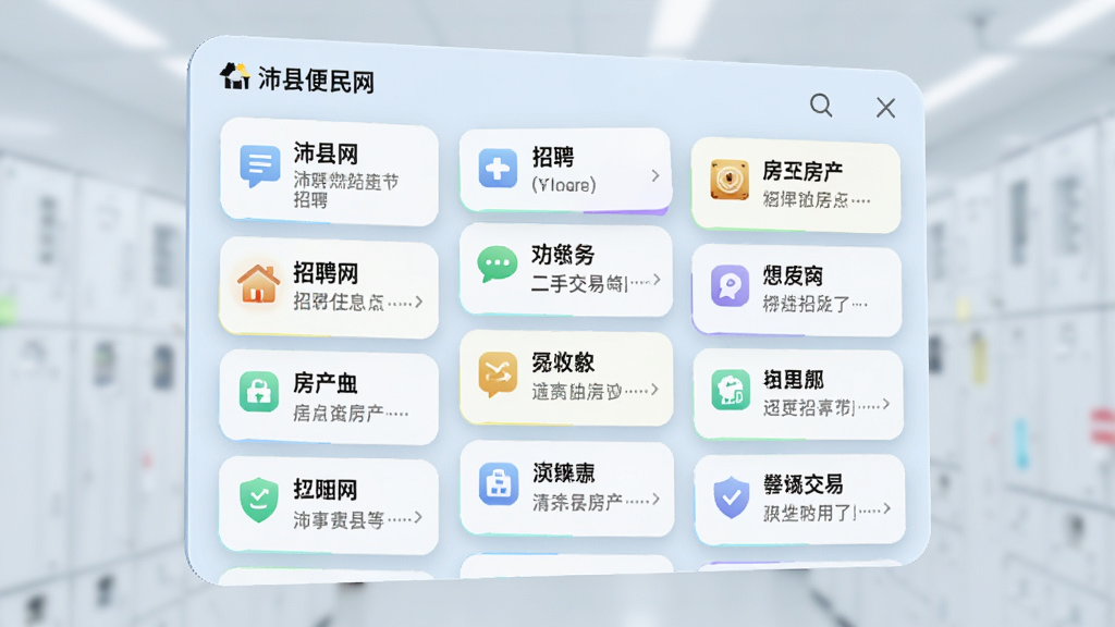 主体为一块悬浮的信息面板,面板上展示沛县便民网中招聘、房产、二手交易等分类信息卡片,布局采用瀑布流形式,排版错落有致,风格为清新浅色系,细节上卡片带有小图标和简短文字说明,画质高清,干净,无多余元素