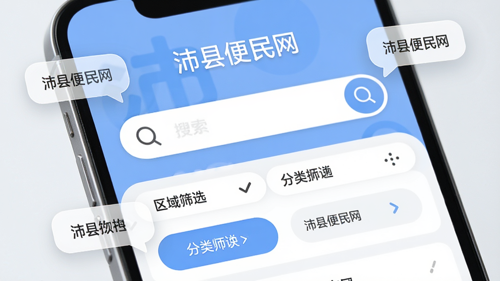 主体为手机屏幕特写,屏幕上显示沛县便民网的搜索界面,搜索框内带有放大镜图标,下方展示区域筛选和分类筛选按钮,布局简洁明了,风格为柔和圆角设计,细节上屏幕周围有搜索关键词气泡漂浮,画质高清,干净,无多余元素