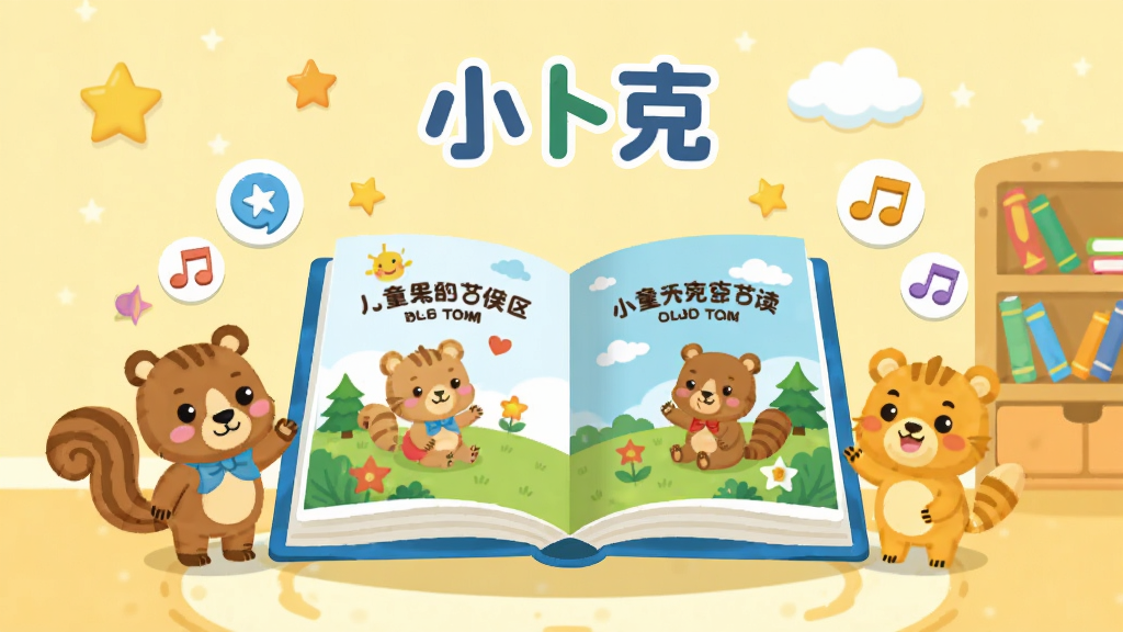 小卜克儿童绘本伴读应用主界面展示,画面中央是打开的彩色绘本故事书,周围环绕着卡通动物角色和音符图标,背景为温馨的浅黄色儿童房场景,布局采用中心聚焦式,排版突出