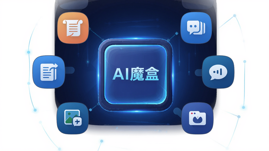 AI魔盒是一款集成了多种人工智能实用功能的安卓端智能工具应用,画面中央放置一个发光的方形智能盒子,盒子表面有