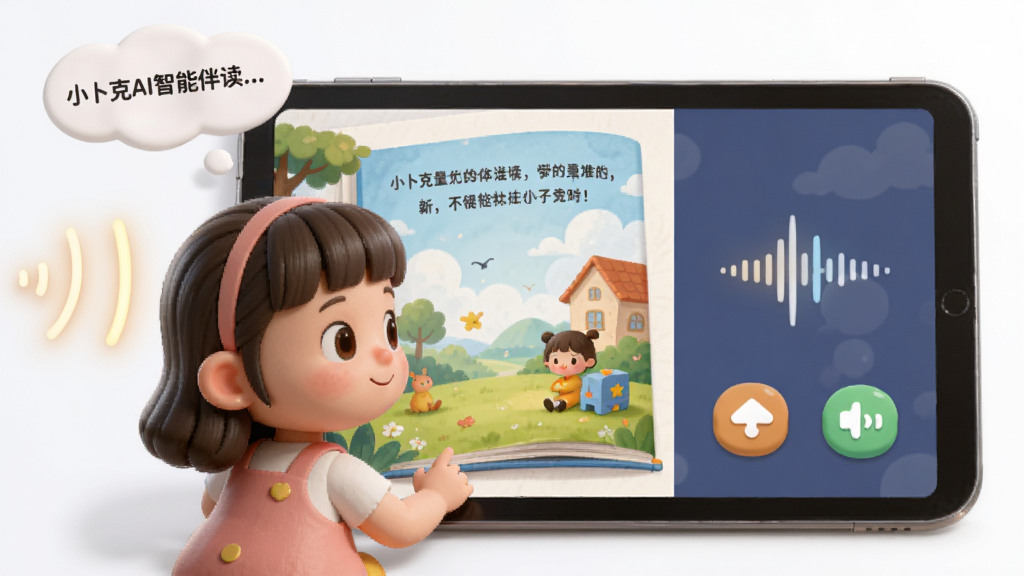 小卜克AI智能伴读功能界面,画面中一个卡通小女孩正对着平板电脑听故事,屏幕上显示绘本页面和语音波形图标,布局为左右分栏式,左侧是绘本插图右侧是互动按钮,风格为柔和3D卡通渲染,细节包含发光的声音波纹、漂浮的文字气泡,画质细腻高清,干净无多余元素