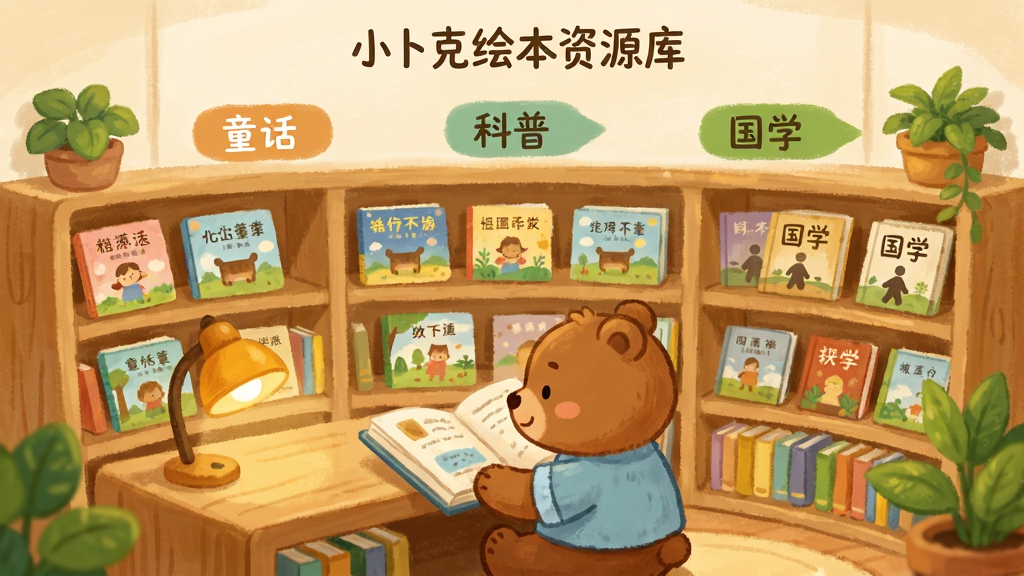 小卜克绘本资源库界面,画面呈现一个虚拟的儿童图书馆场景,书架上整齐排列着五颜六色的绘本封面,前方有一个卡通小熊正在翻阅书籍,布局采用广角透视式,排版展示分类标签如
