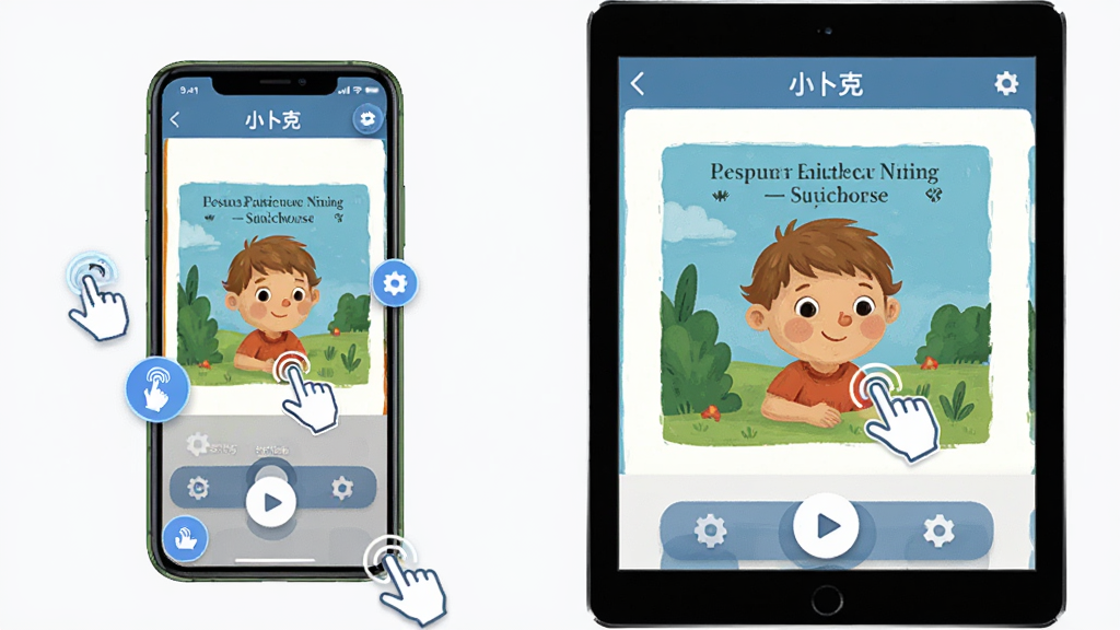 小卜克移动端操作界面截图风格展示,画面为一部智能手机和平板电脑并排显示小卜克应用界面,布局为设备对比式,排版突出屏幕内的绘本页面和功能按钮,风格为科技感扁平UI展示风,细节包含悬浮的触控手势图标、设置齿轮、播放按钮,画质锐利清晰,干净无多余元素