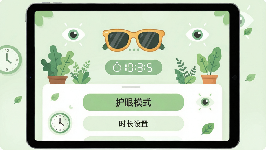 小卜克护眼模式设置界面,画面展示平板电脑屏幕上方有一个卡通太阳镜图标和计时器,周围环绕着绿色植物和眼睛图标,布局为上下结构式,排版清晰展示