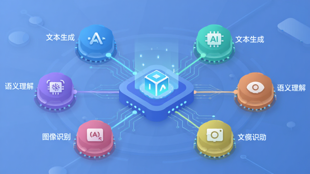 AI魔盒多模型智能聚合功能展示图,画面中央是一个发光的智能中枢,连接着多个不同颜色的AI模型节点,节点上标注