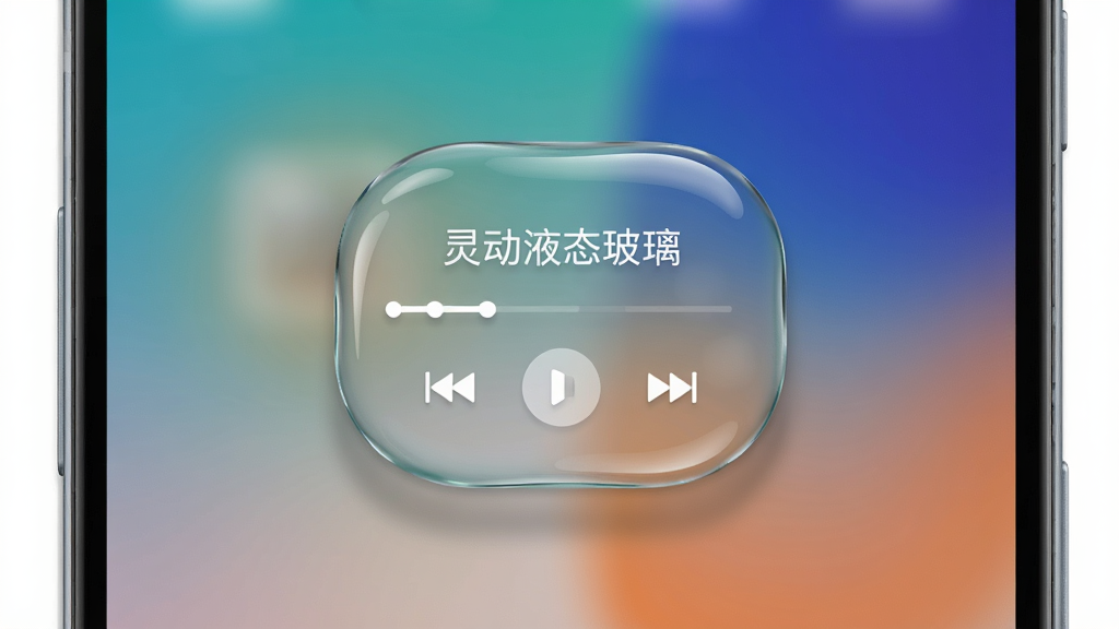 一张展示安卓手机屏幕的图片,屏幕中央显示一个半透明的液态玻璃质感灵动岛,岛内显示音乐播放控件,背景是模糊的渐变壁纸,主体是手机和灵动岛,布局居中,排版简洁,风格科技时尚,细节包括玻璃反光、圆角、柔和的阴影,画质高清,干净,无多余元素,图片中文字“灵动液态玻璃”