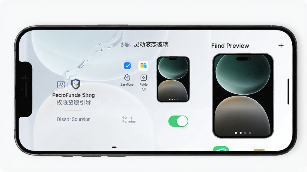 一张展示手机屏幕上灵动液态玻璃应用界面的图片,界面中显示权限引导步骤和灵动岛预览效果,主体是手机屏幕和应用界面,布局居中,排版清晰,风格简洁实用,细节包括权限图标、开关按钮、预览窗口,画质高清,干净,无多余元素,图片中文字“灵动液态玻璃”