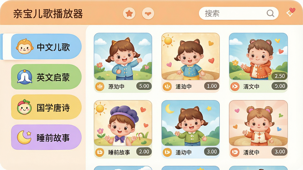 亲宝儿歌播放器儿歌分类界面展示,主体为软件的分类导航页面,布局左侧为分类菜单栏包含“中文儿歌”“英文启蒙”“国学唐诗”“睡前故事”等标签,右侧为对应分类下的儿歌缩略图网格,排版整齐清晰,风格为柔和温馨的儿童插画风,细节包括每个分类配有小图标、缩略图上显示播放时长、顶部分类搜索框,画质高清干净,画面中文字标注“亲宝儿歌播放器”。