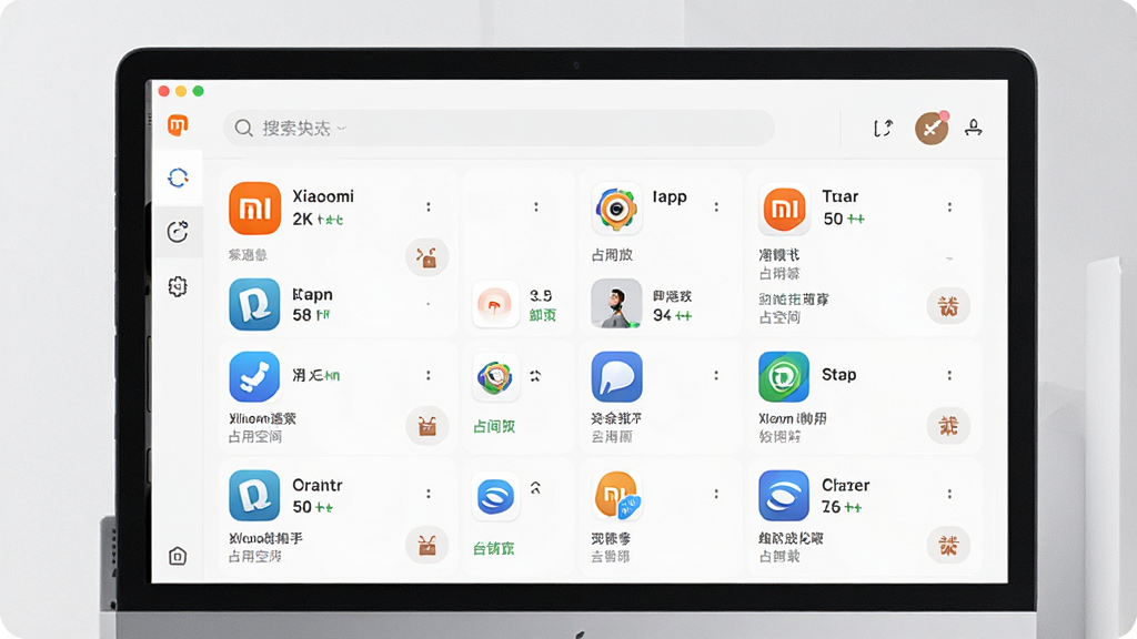 小米助手应用管理界面,主体为电脑屏幕展示手机应用列表,布局为顶部搜索栏与下方应用图标网格排列,排版为整齐的列表视图,风格为清爽浅色UI设计,细节包含应用图标、应用名称、占用空间大小、卸载按钮等元素,画质为高清2K、画面通透干净