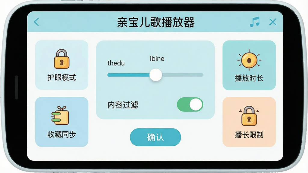亲宝儿歌播放器家长控制面板界面展示,主体为软件设置页面,布局中央为时间设置滑块与内容过滤开关,四周环绕护眼模式、播放时长限制、收藏同步等选项卡片,排版简洁明了,风格为清新浅色系扁平化设计,细节包括卡通锁图标、进度条、确认按钮,画质高清干净,画面中文字标注“亲宝儿歌播放器”。