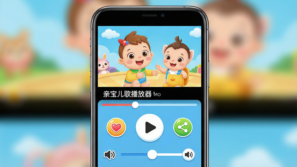 亲宝儿歌播放器移动端操作界面展示,主体为手机竖屏播放页面,布局上方为儿歌MV画面,下方为播放控制条与进度条,排版简洁适合触屏操作,风格为明亮卡通风格,细节包括大号播放按钮、收藏爱心图标、分享按钮、音量调节滑块,画质高清干净,画面中文字标注“亲宝儿歌播放器”。