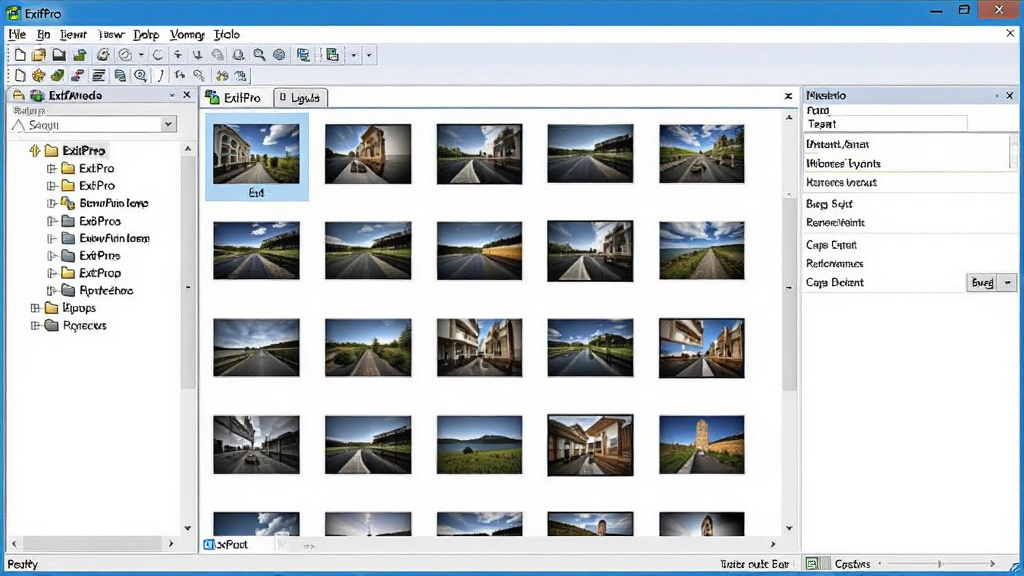 一张展示ExifPro软件在Windows电脑端运行时的操作界面预览图,主体为软件窗口和照片缩略图列表,布局为左侧目录树、中间缩略图、右侧信息面板,排版规整,风格为真实软件截图风格,细节包含菜单栏、工具栏和状态栏,画质清晰干净,无多余元素