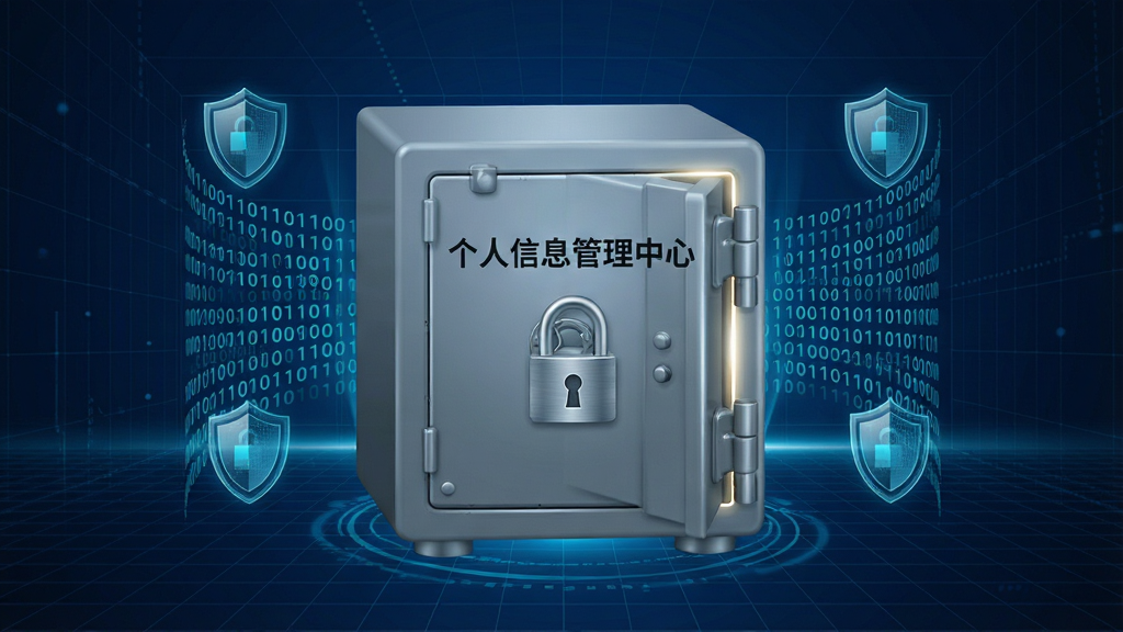 一幅展示个人信息管理中心本地加密存储功能的示意图,画面中心是一个带有密码锁的金属保险箱,保险箱表面印有个人信息管理中心字样,周围环绕着二进制代码流与盾牌图标,背景为深蓝色科技感网格,布局采用居中对称构图,风格偏向安全防护主题,细节上保险箱门缝透出微光,画质干净,无多余元素