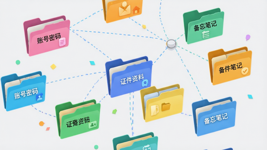 个人信息管理中心分类管理界面概念图,画面呈现多个彩色文件夹悬浮在浅灰色背景上,文件夹表面分别标注账号密码、证件资料、备忘笔记等文字,文件夹之间用虚线连接形成分类网络,布局错落有致,风格清新明快,细节上每个文件夹带有小图标点缀,画质清晰,无多余元素