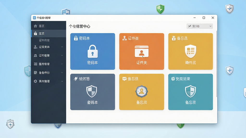 一张个人信息管理中心软件主界面全景图,画面中央是软件主窗口,窗口内整齐排列着密码本、证件夹、备忘录功能卡片,背景是干净的浅蓝色渐变桌面,布局采用左右分栏结构,左侧为导航菜单,右侧为内容展示区,整体风格简洁商务,细节上能看到锁形图标与盾牌标识,画质清晰,无多余元素