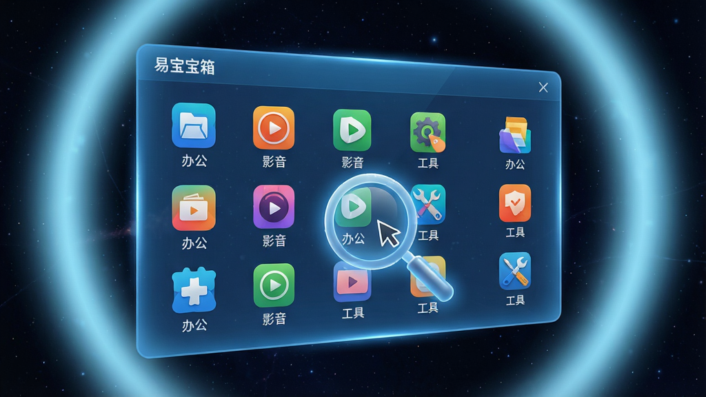 一幅展示“易宝箱”软件库页面的概念图,画面主体为一块悬浮在空中的半透明蓝色光屏,光屏上以网格形式整齐排列着各类软件图标,图标下方带有“办公”“影音”“工具”等分类标签,光屏前方有一个放大镜形状的光标正在选中其中一个图标,背景为深色星空与淡蓝色光晕交织的科技空间,风格偏向未来数字界面,细节上图标色彩鲜明、光屏边缘有柔和的发光效果,画质高清,画面干净整洁无多余元素