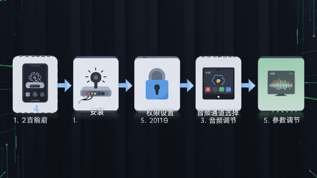 新电音助手安装与调试流程示意图,画面按步骤展示下载、安装、权限设置、音频通道选择、参数调节五个环节,布局为横向流程图,风格为简洁扁平化,细节包含图标与箭头指引,画质高清,画面干净,无多余元素