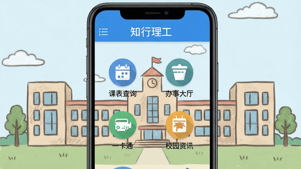 手机屏幕中央显示知行理工应用主界面,顶部蓝色导航栏,中间排列课表查询、办事大厅、一卡通、校园资讯四个功能图标,背景为校园教学楼简笔画,整体布局居中对称,风格清新扁平化,细节清晰,画质干净,无多余元素