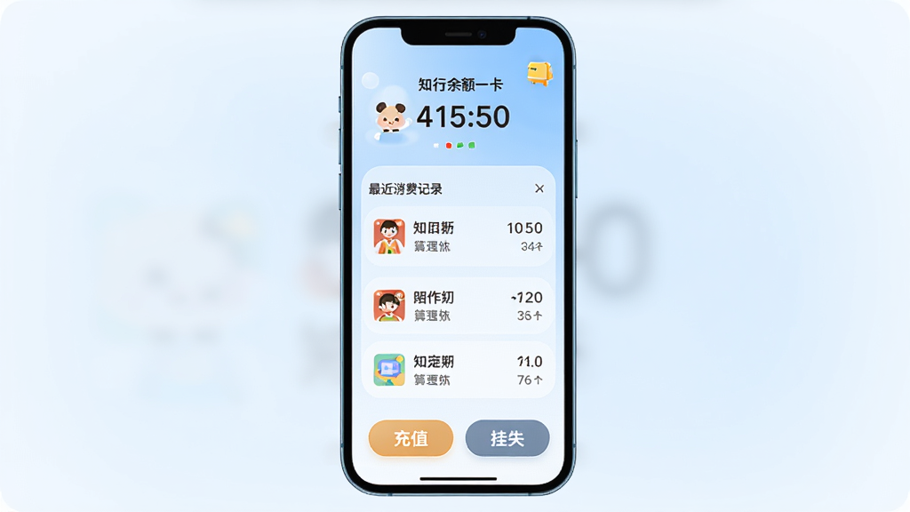 手机界面展示知行理工一卡通页面,顶部显示卡通余额数字,中间为最近消费记录列表,底部有充值按钮和挂失按钮,背景为淡蓝色渐变,风格柔和圆角,画质干净,无多余元素
